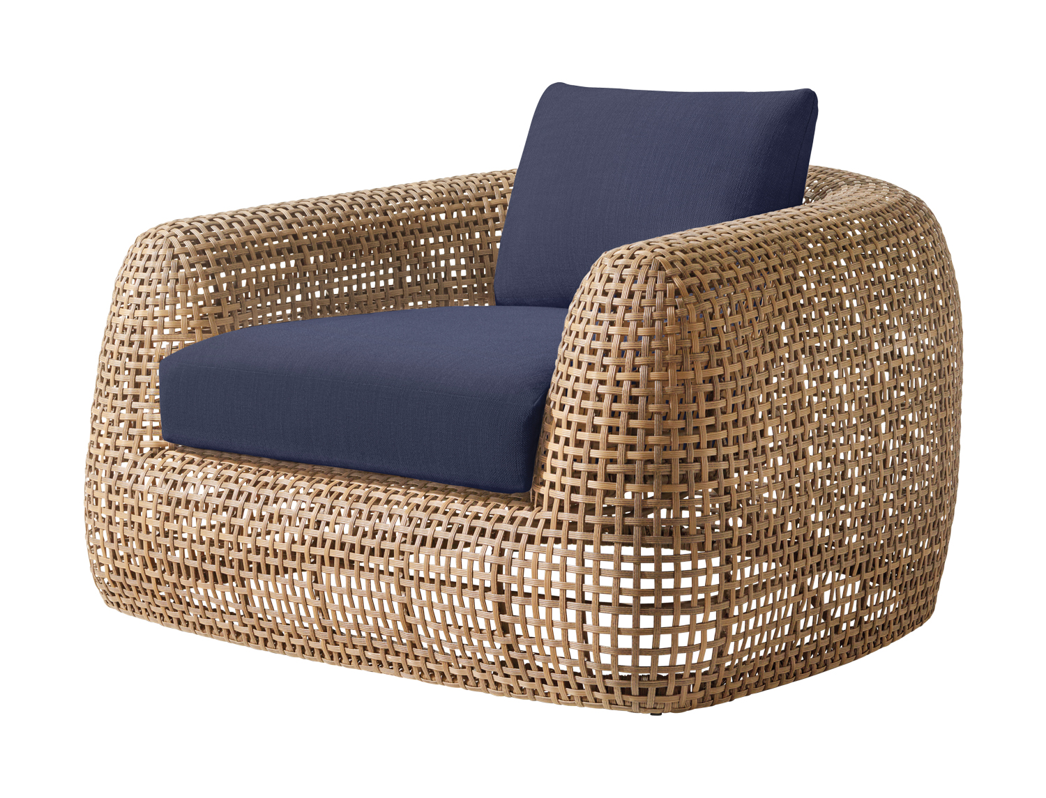 woven lounge chair with navy fabric cushions