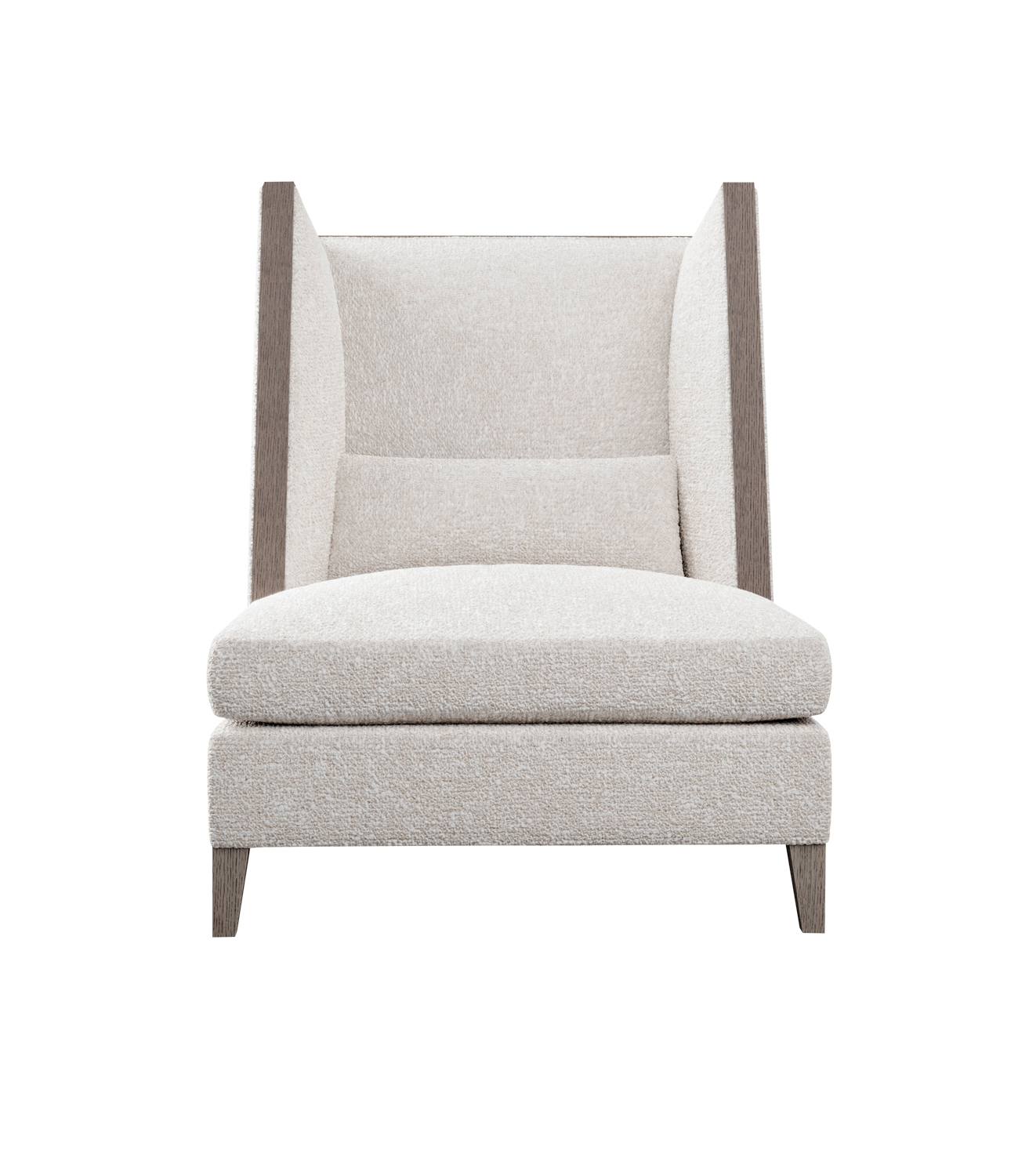White wingback chair with quartersawn oak legs, part of Benjamin Johnston x Chaddock collection