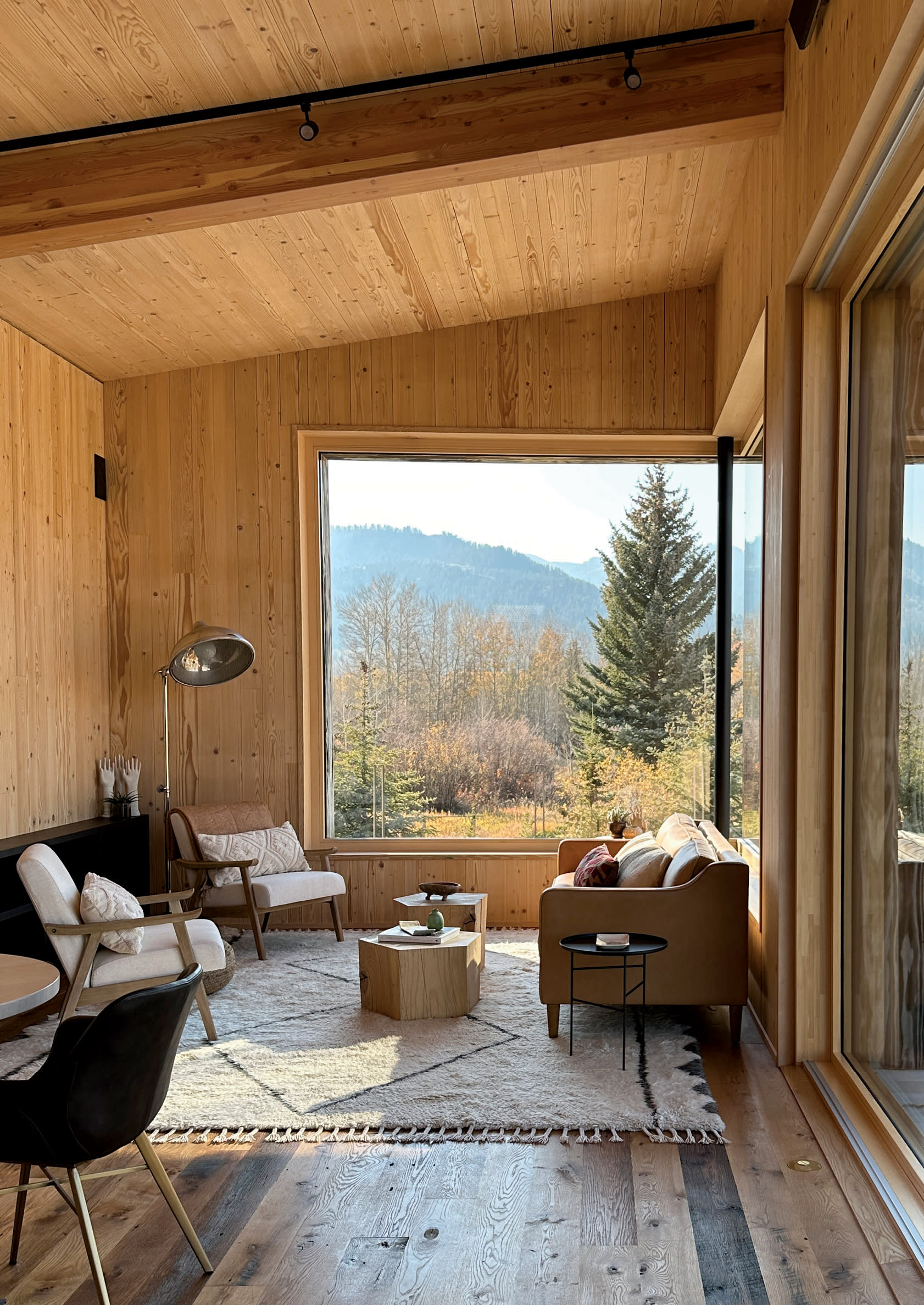 natural light floods into an asymmetrical room with wood paneling and a range of cozy seating