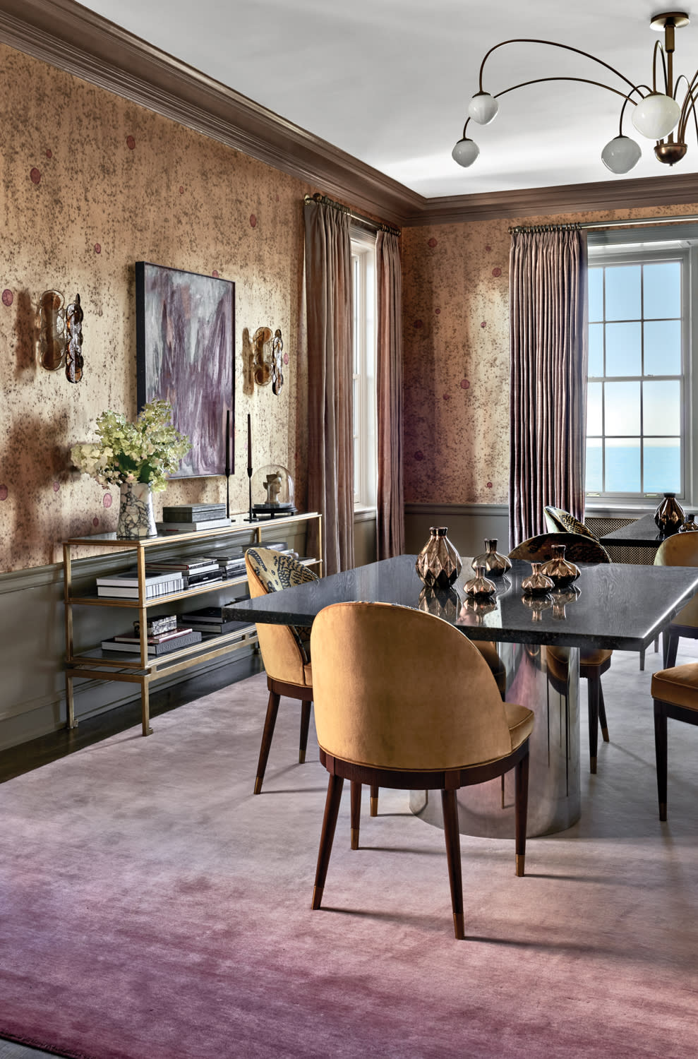 classic dining room with a pink rug and a dark yellow wallcovering