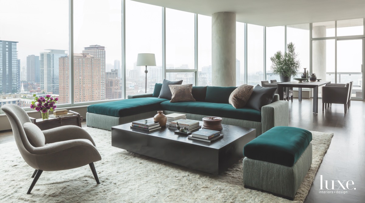 modern living room green velvet sofa