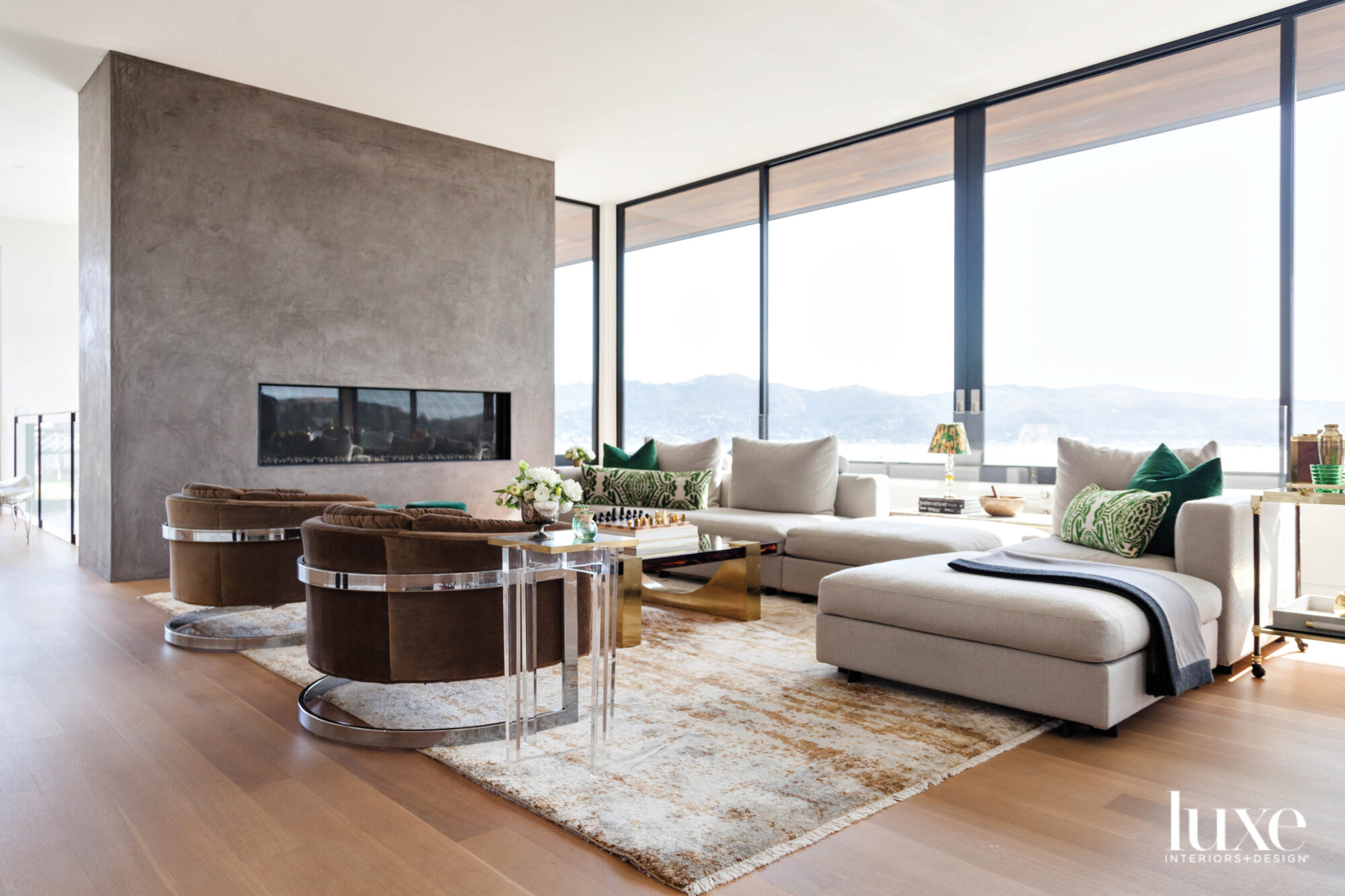 contemporary living room with floor-to-ceiling windows