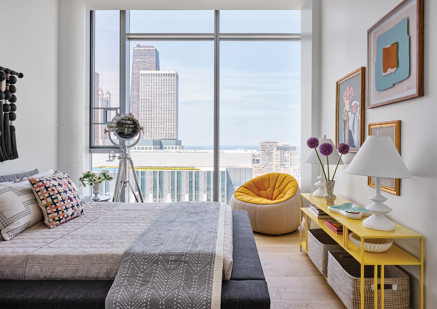 contemporary guest bedroom with pops of color 