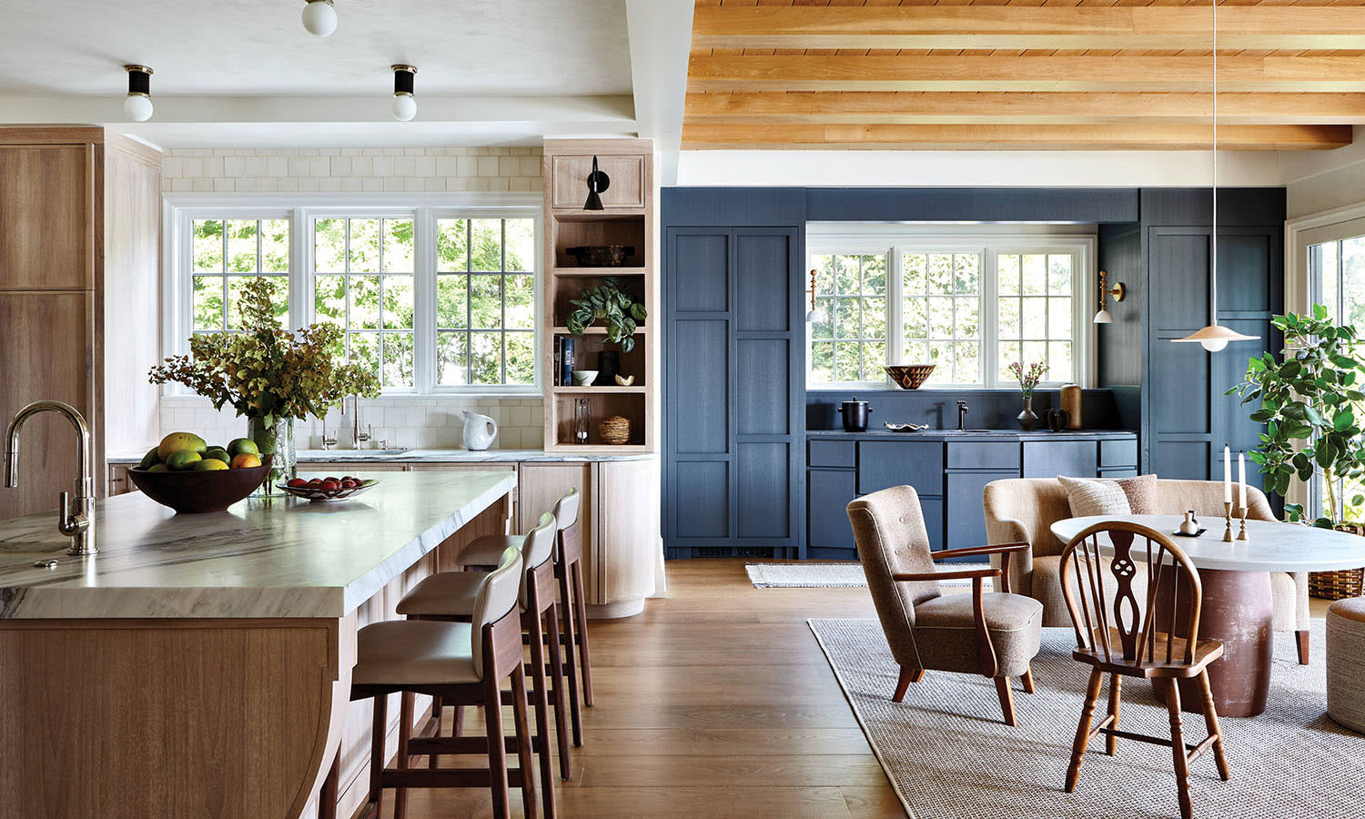 earthy, coastal-inspired kitchen and dining area