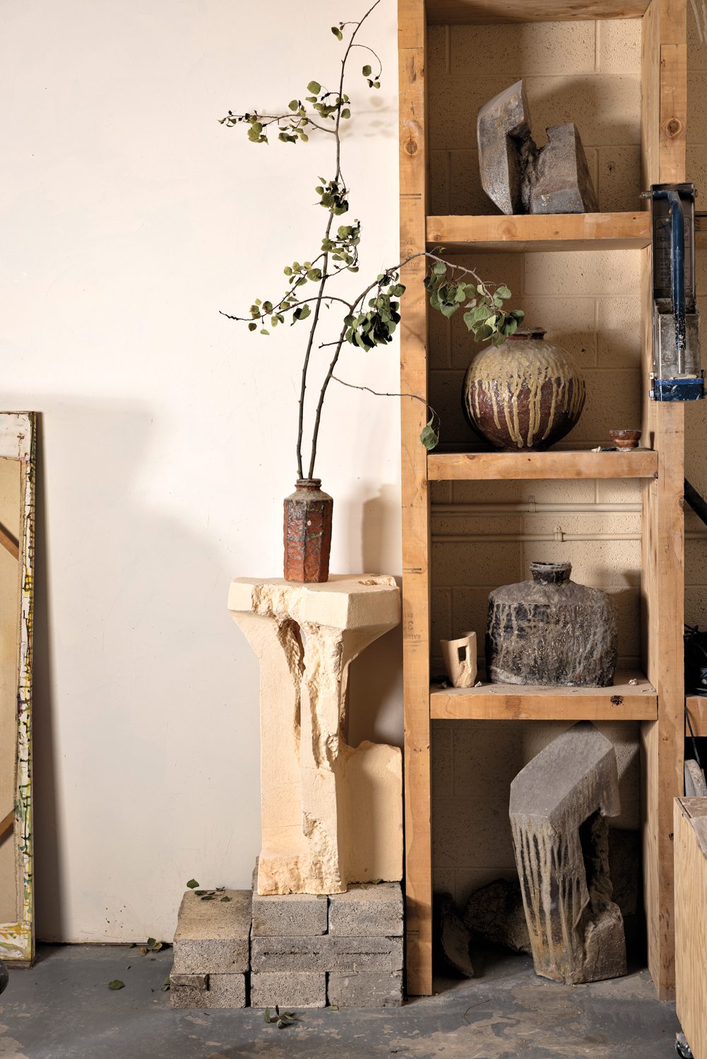 Vessels on a shelf.