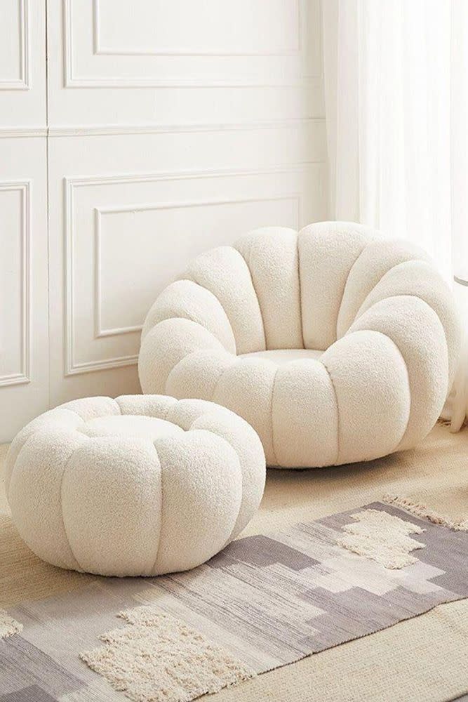 white puffy armchair with matching puffy ottoman