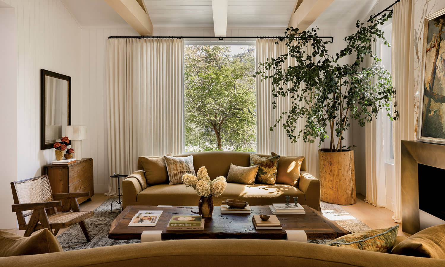 A large window with open curtains sits behind a large plant and a pair of couches facing one another.
