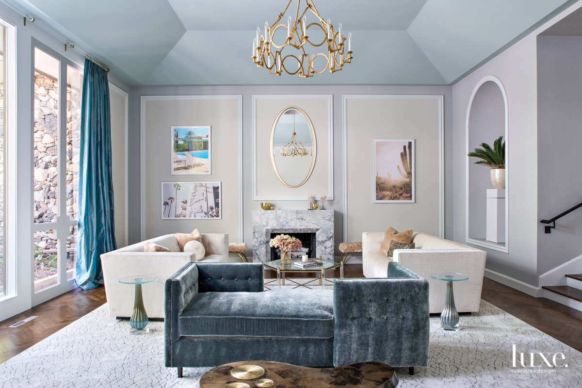 mid-century modern living room neutral blue palette