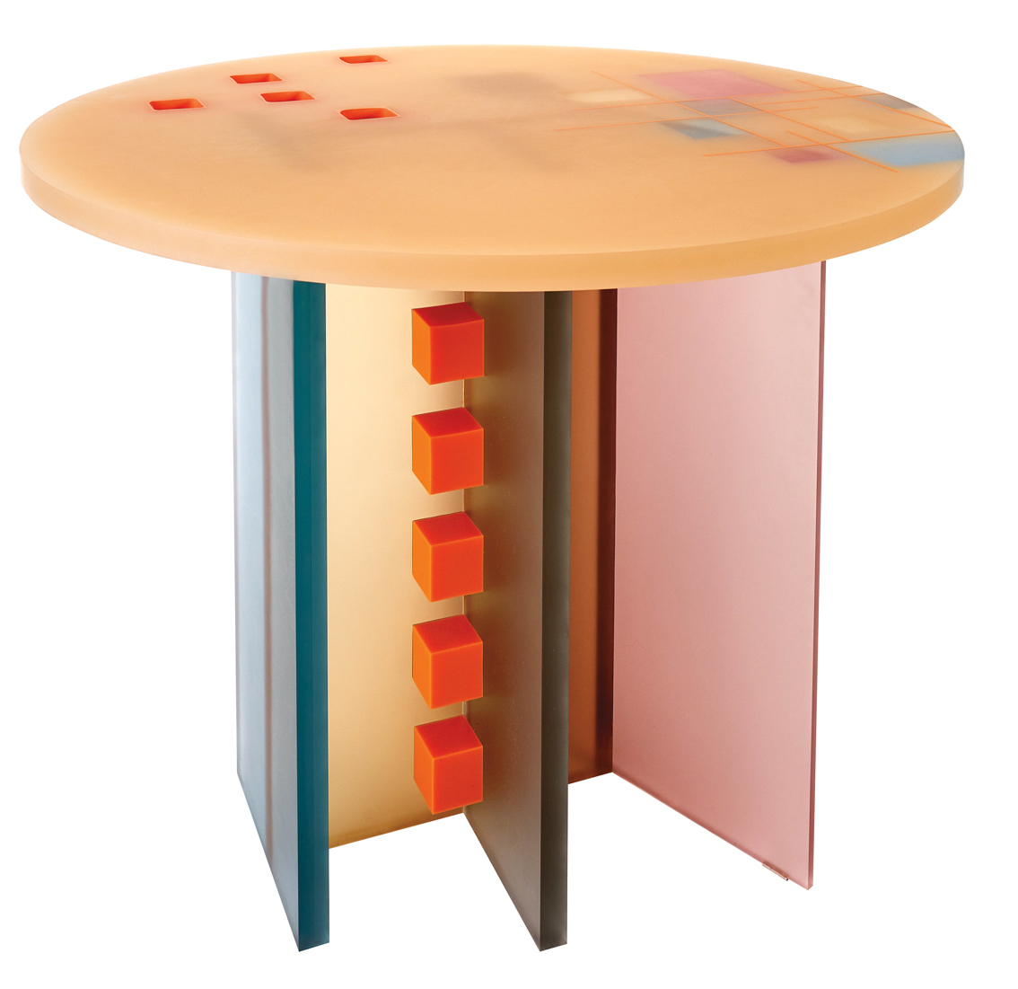 abstract side table with tan plexiglass top and mulitcolored stand