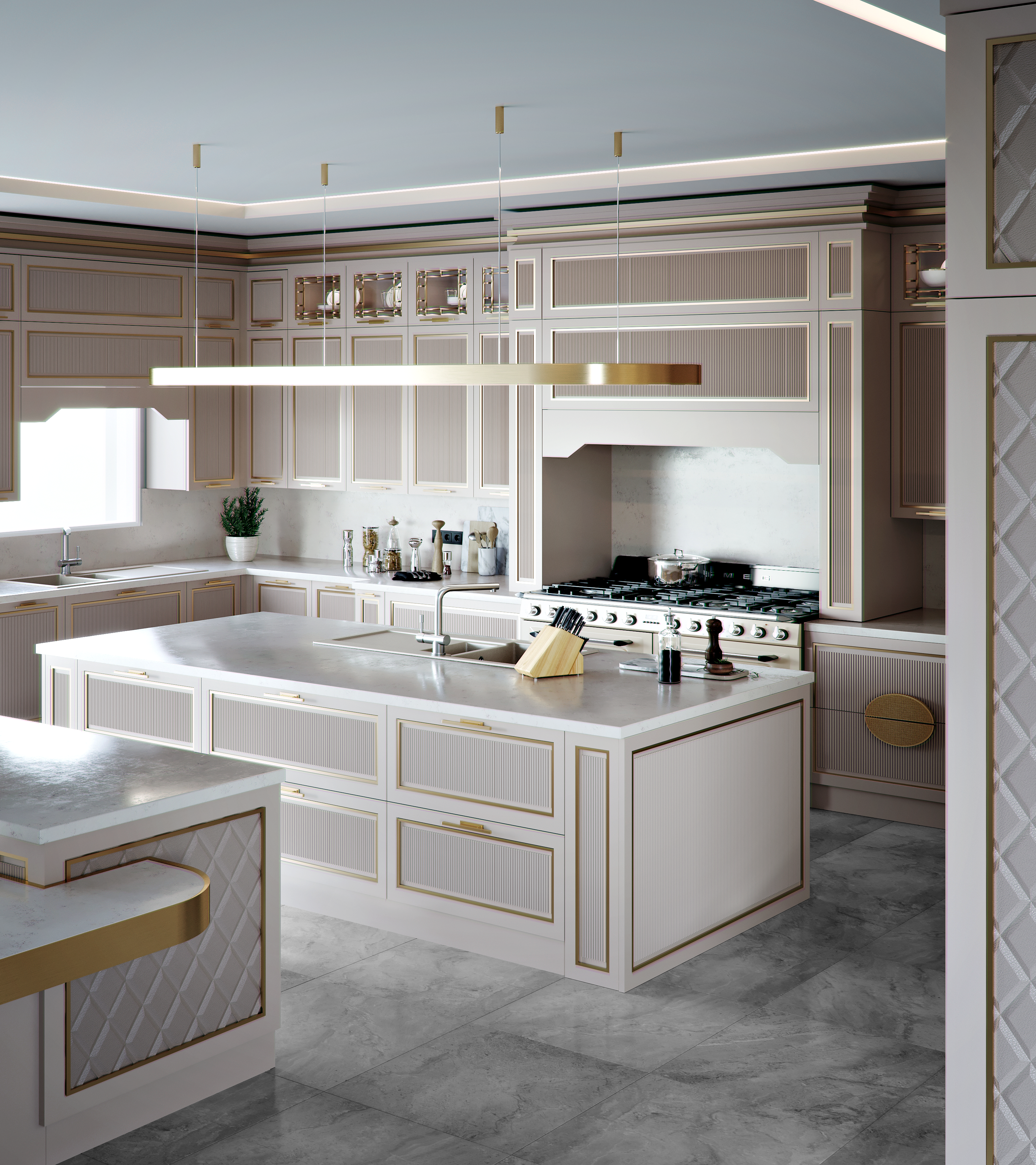 Modern take on kitchen design featuring custom double island, range alcove and gold accents. 
