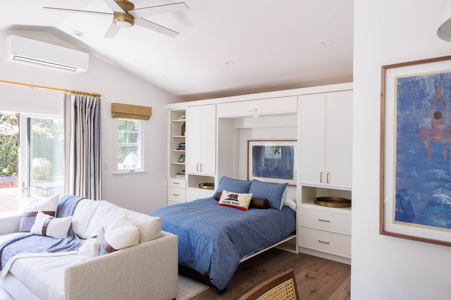 coastal chic ADU living and bedroom with a Murphy bed