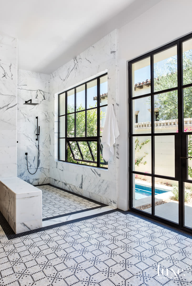 calacatta marble and basait mosaic tiles master bathroom