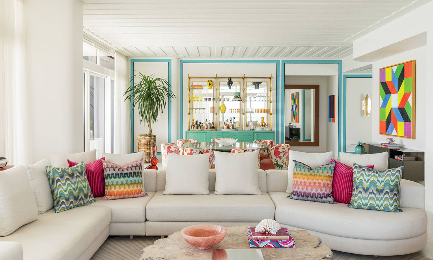 vibrant Miami condo living room with blue trim