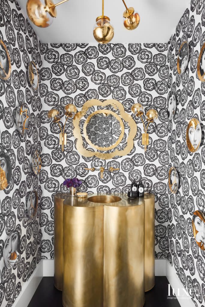 powder room with schumacher flocked mona wallpaper