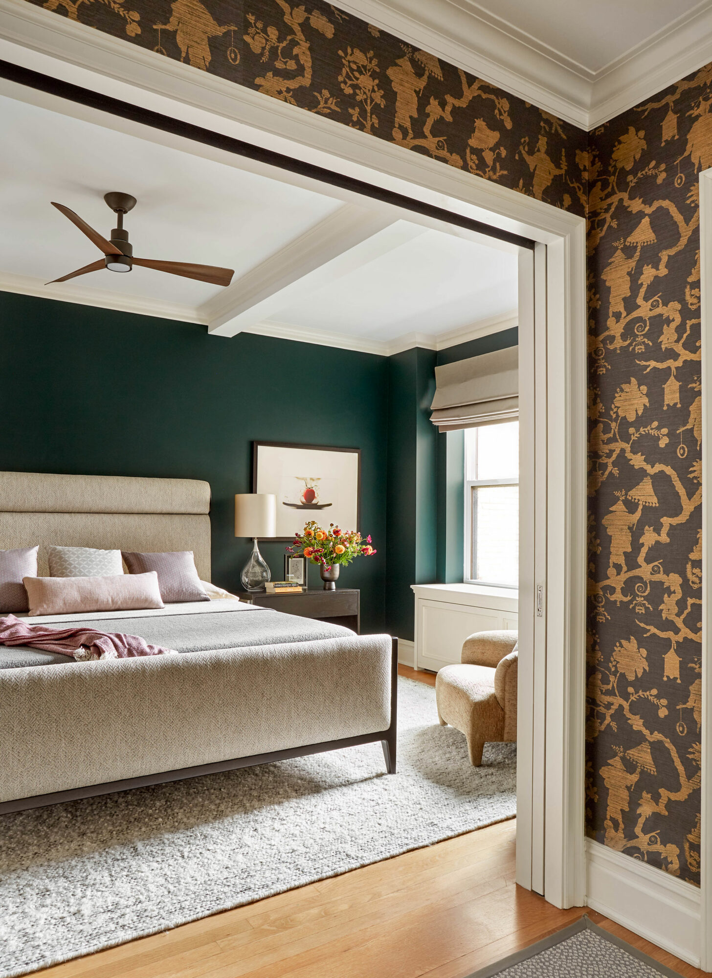 moody bedroom in salamander by benjamin moore and neutral furnishings 