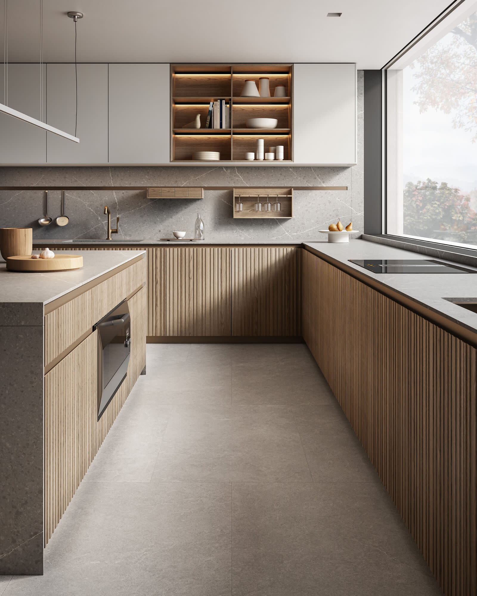 A contemporary kitchen featuring wooden cabinets, a sink, and wrap-around cabinetry with a concealed microwave in the island.