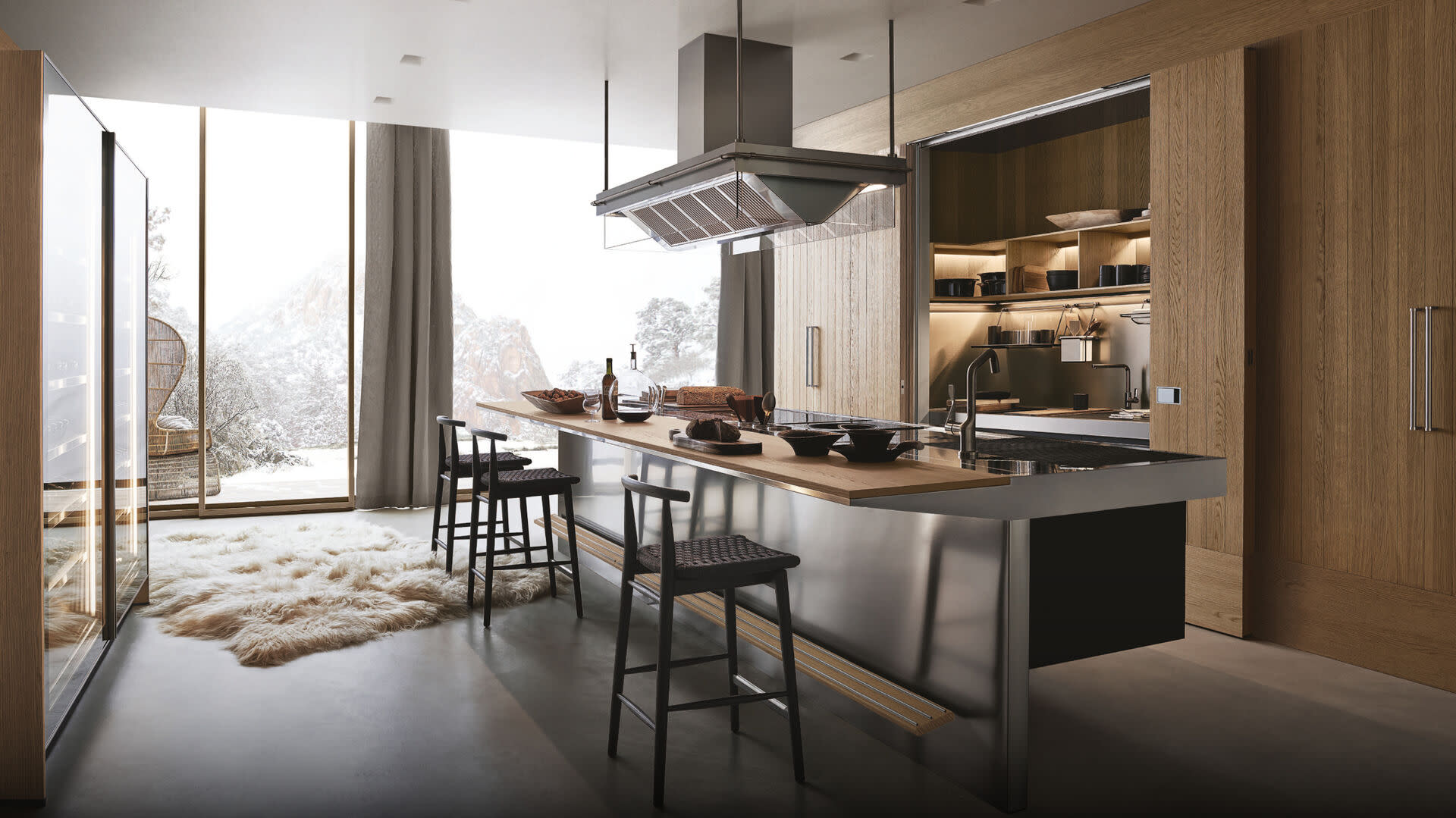 Sleek kitchen with wooden cabinets and a sizable island.