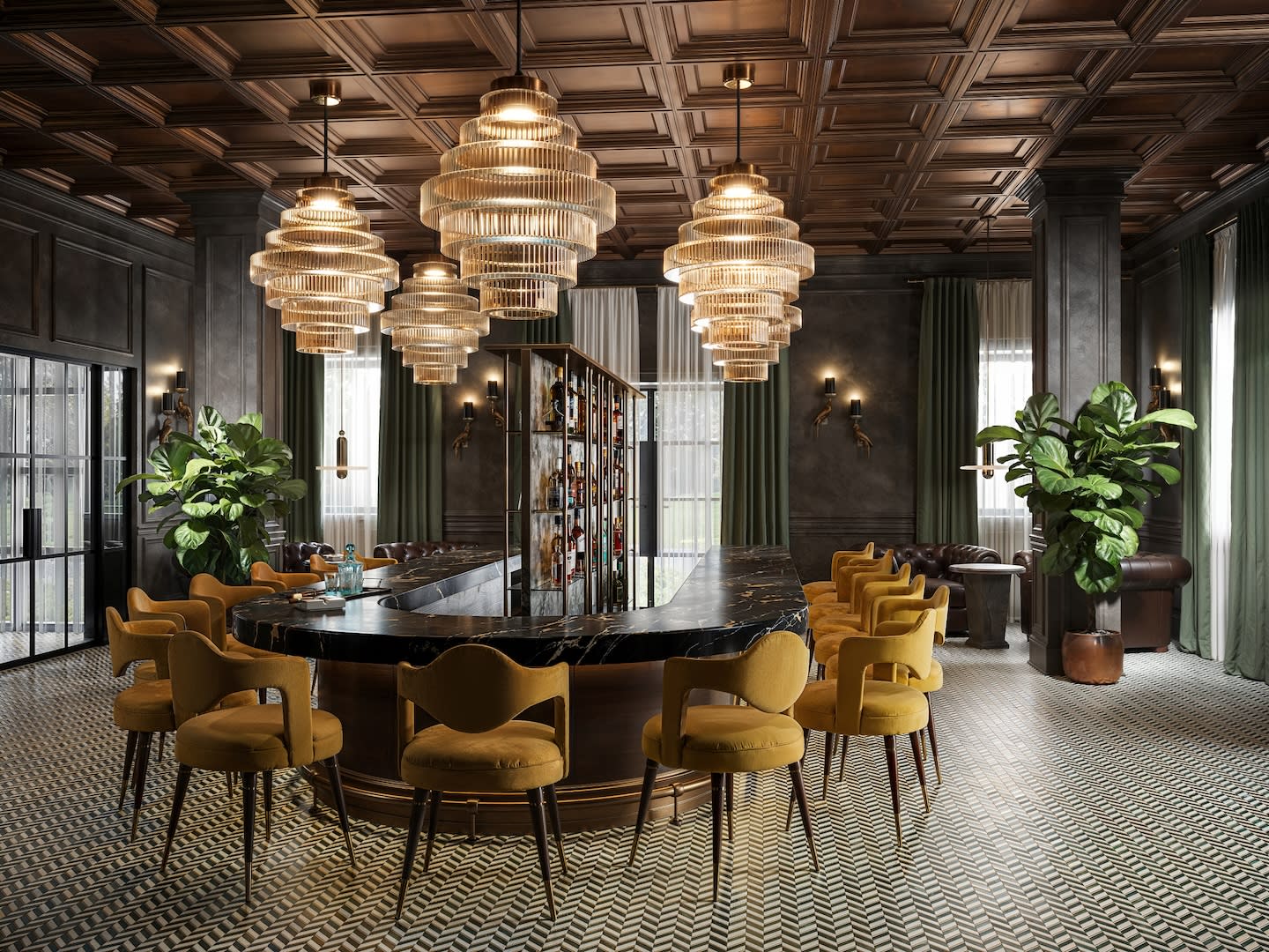 Luxurious bar with a marble counter, yellow chairs, and ornate chandeliers. Features dark wood paneling, checkered floor, and green plants.