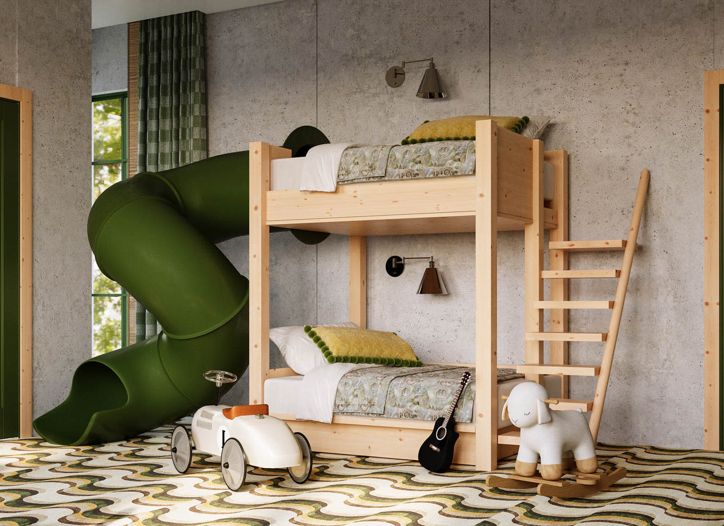 Children's room with wooden bunk beds, a green slide, vintage toy car, and guitar. Playful, cozy vibe with patterned carpet and textured walls.