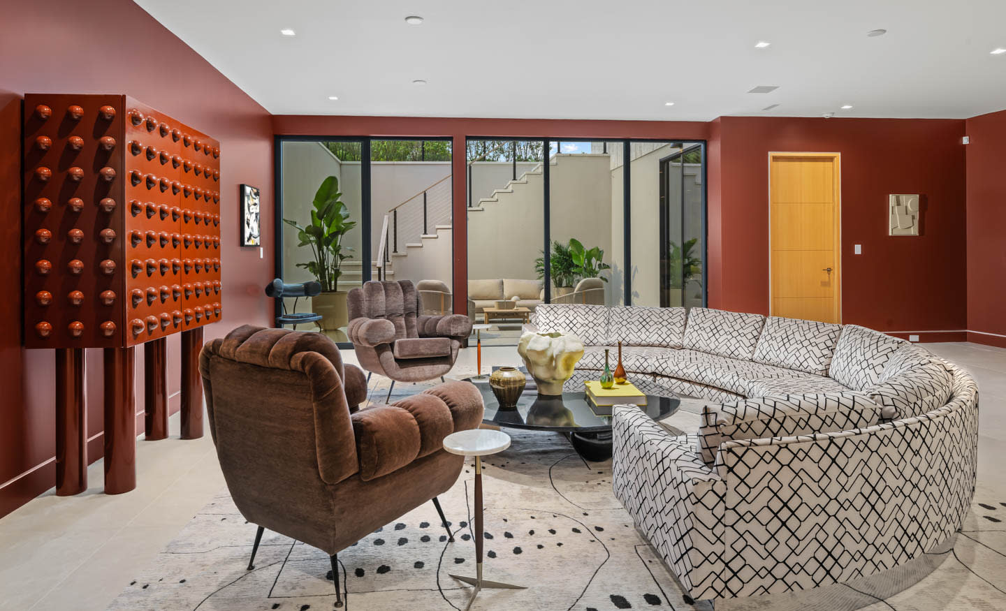 red lounge with modern furnishings