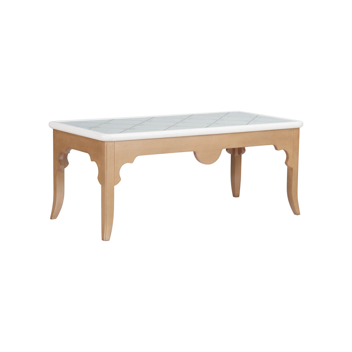 Wooden coffee table with a beige finish and decorative, scalloped edges. The top has a white, diamond-patterned surface. Elegant and classic design.