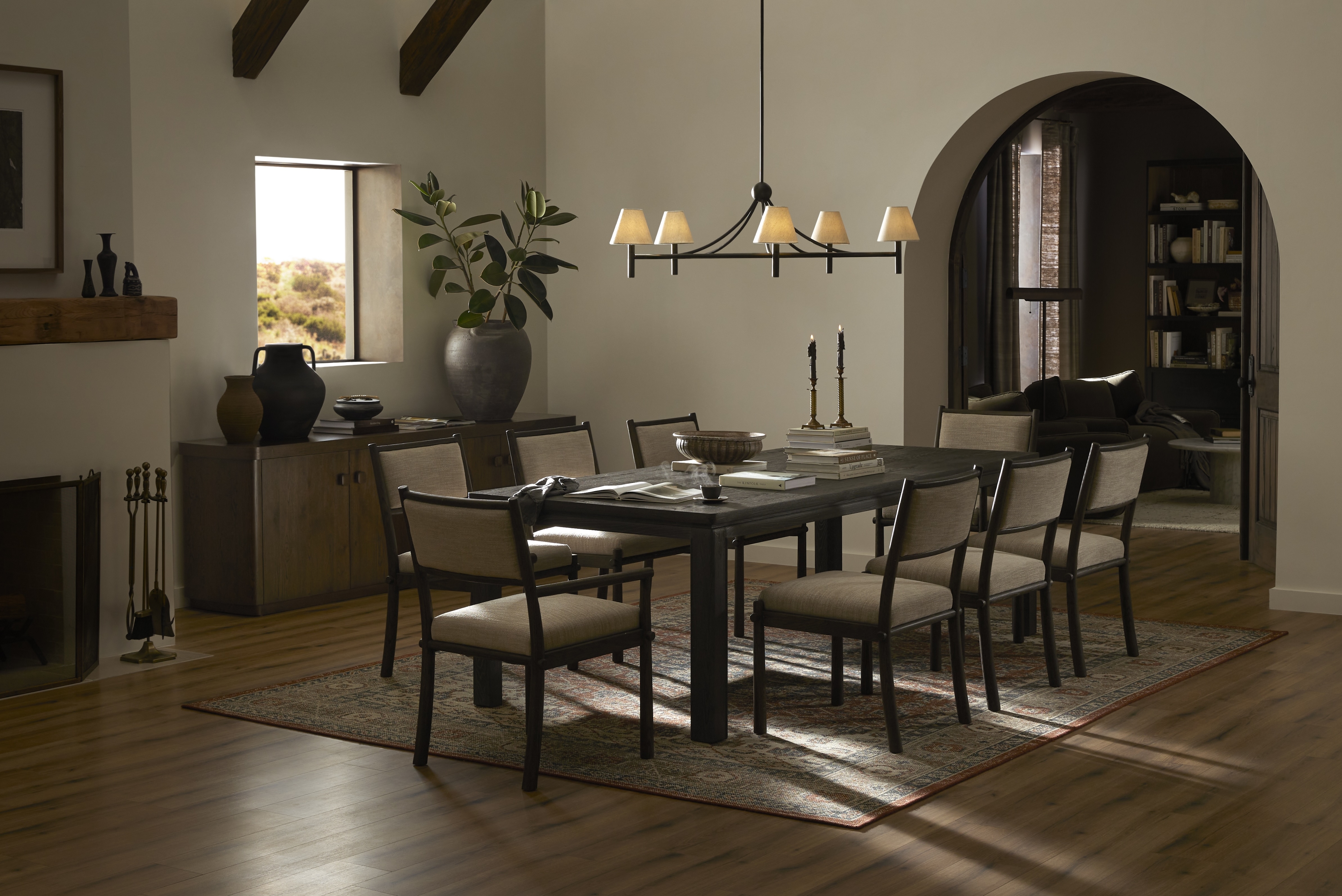 Large, casual dining table with seating for 8. 