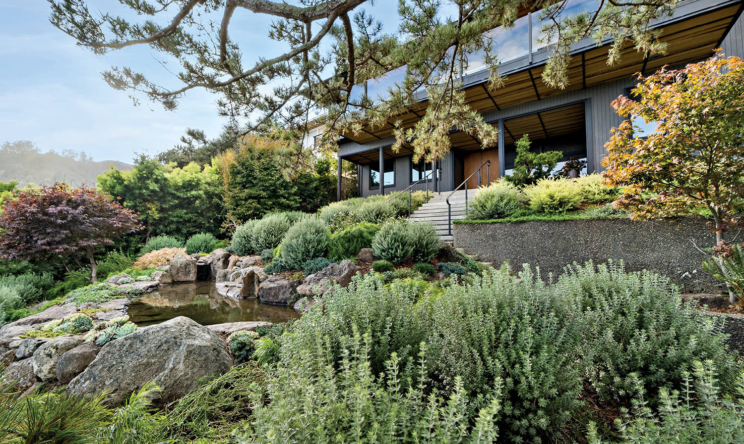 black midcentury modern home exterior with a lush landscape surrounding it 
