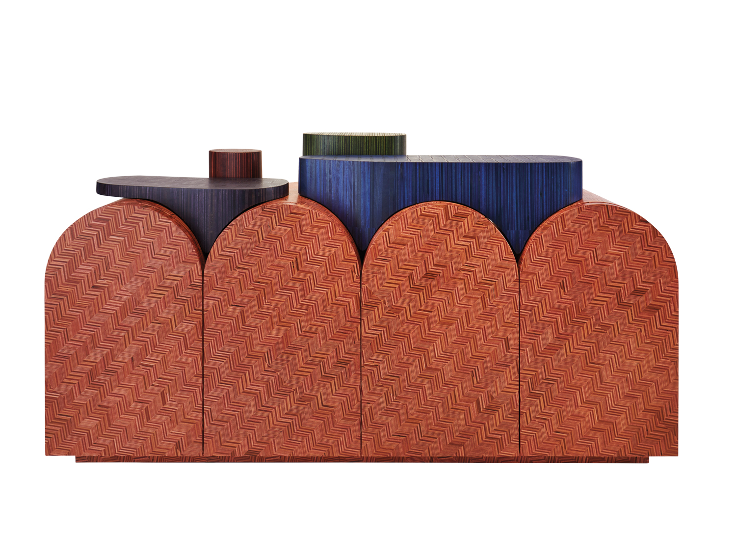 blue structure behind arched red fence