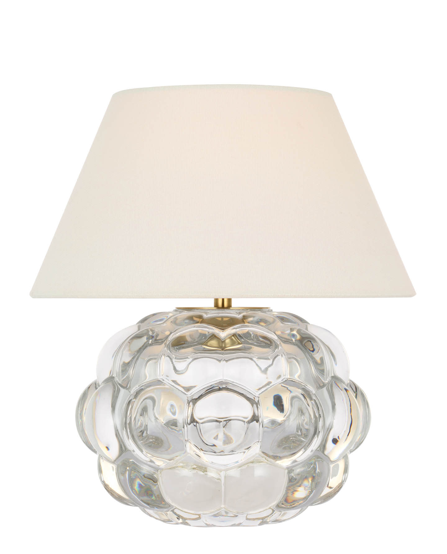 Elegant table lamp with a spherical, textured glass base and a smooth cream-colored conical shade. The design exudes sophistication and modernity.