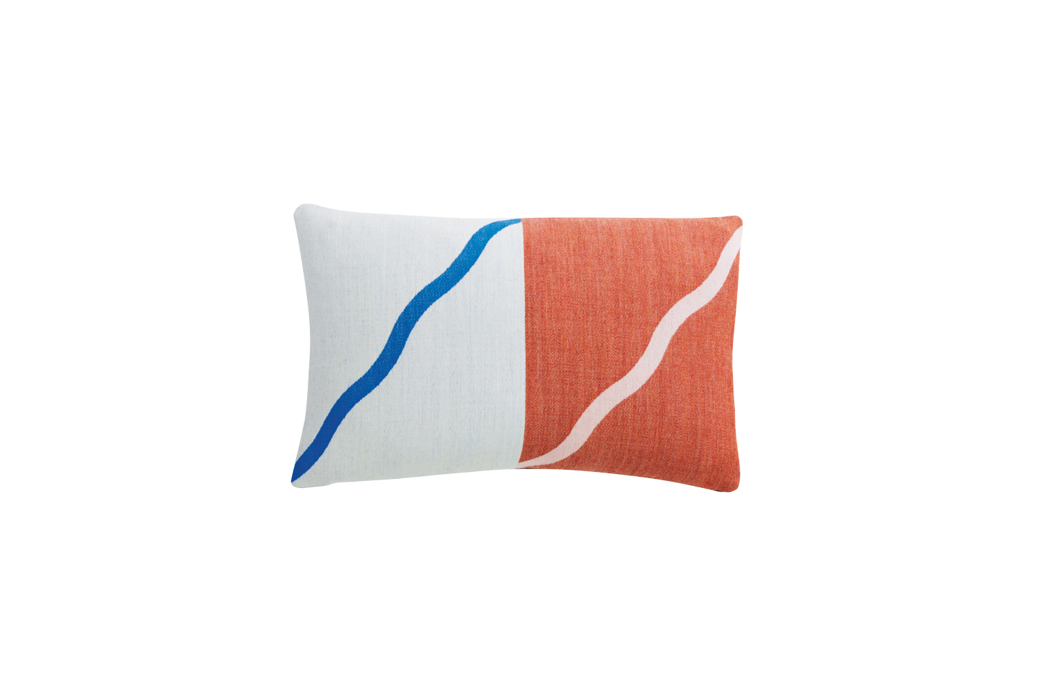 orange and white throw pillow with blue and white squiggles on it