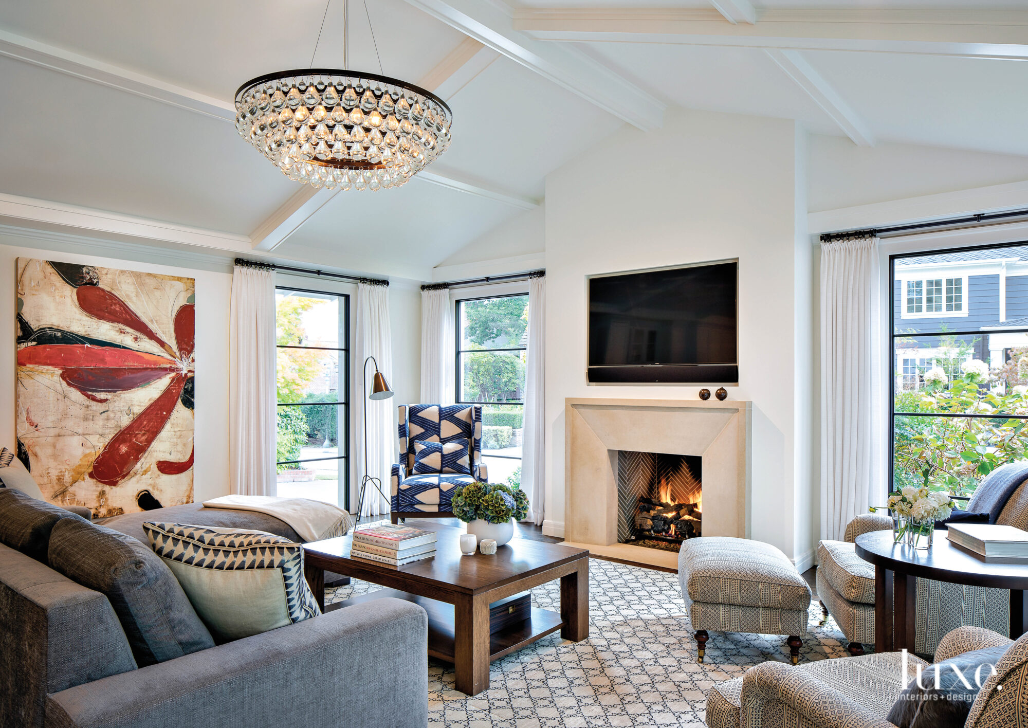 Larger view of family room facing fireplace