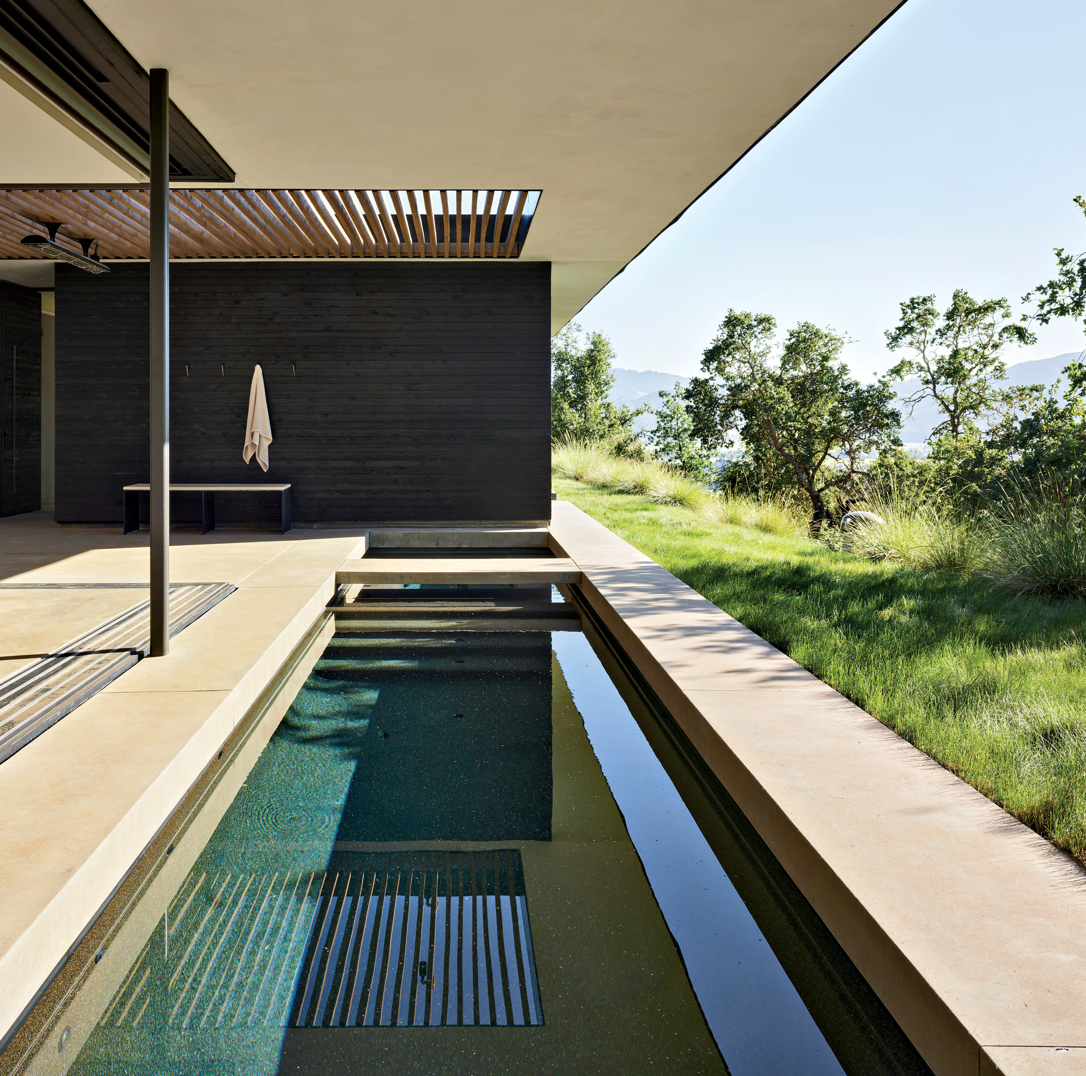 A rectangular pool spans along the edge of the house, bordered by greenery and native plants.