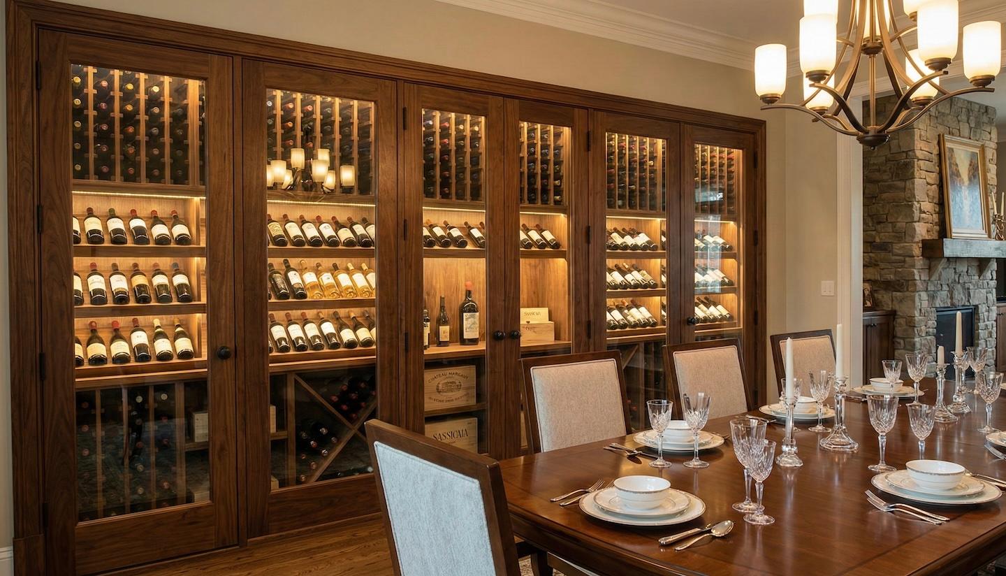 Dining room featuring a wooden wine cellar with glass doors, holding numerous wine bottles. Elegant table set with plates and crystal glasses; warm lighting creates a cozy atmosphere.