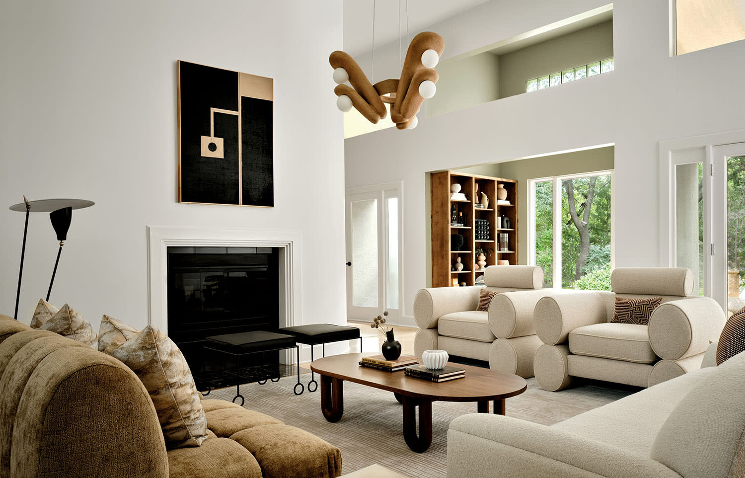 postmodern living room with white and brown accents