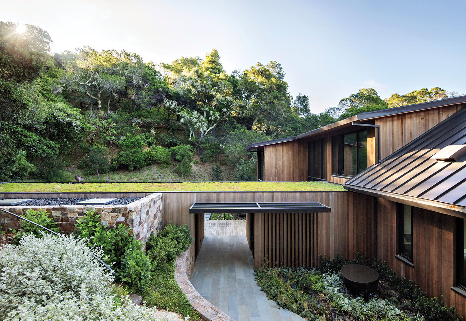 a roof planted with grasses tops a breezeway connecting a main house and garage