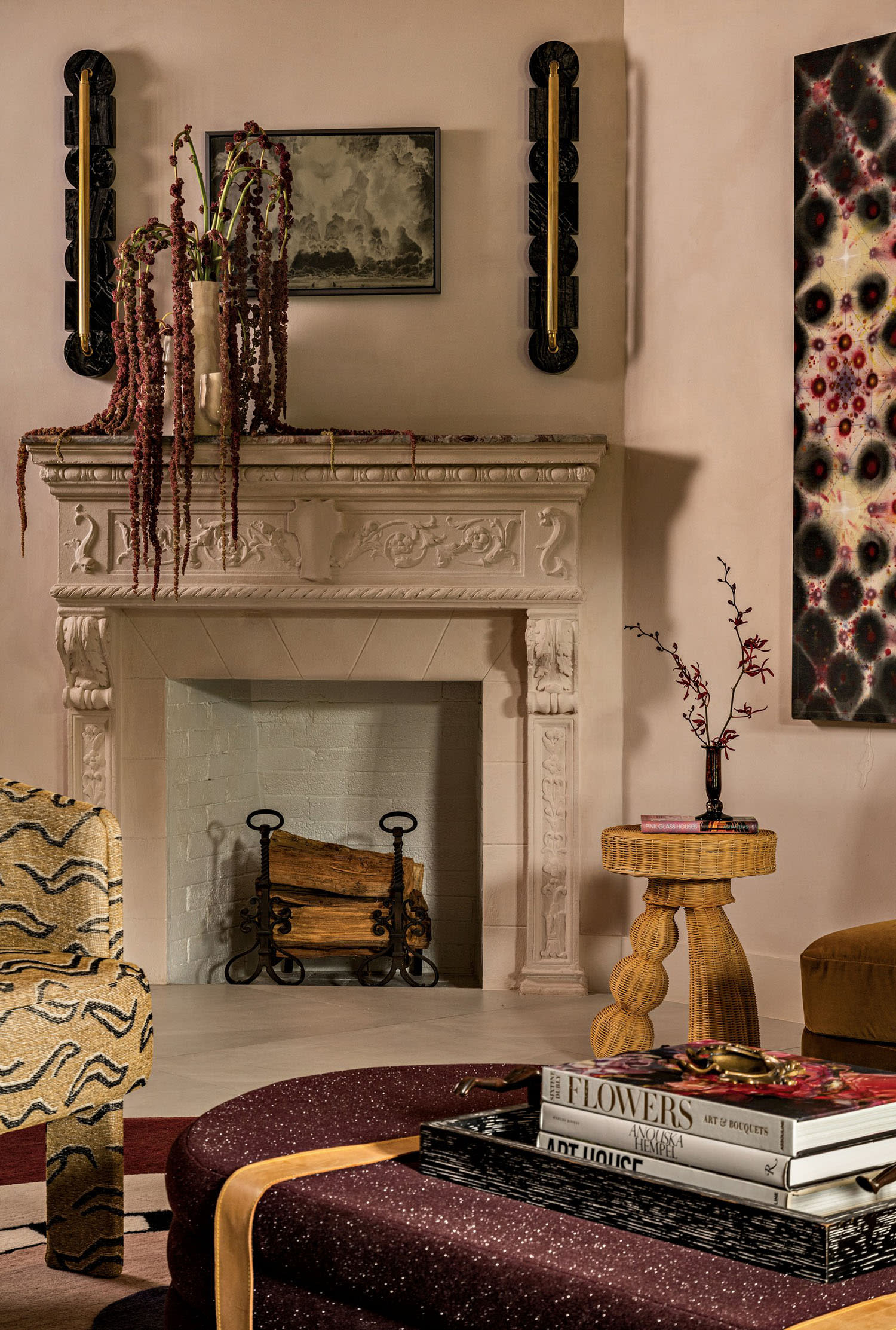 Old World inspired fireplace in a living room