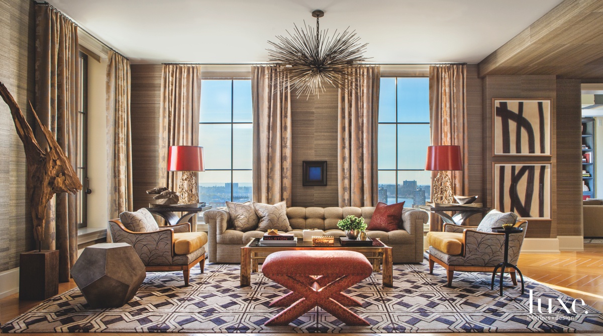 eclectic neutral living room red accents