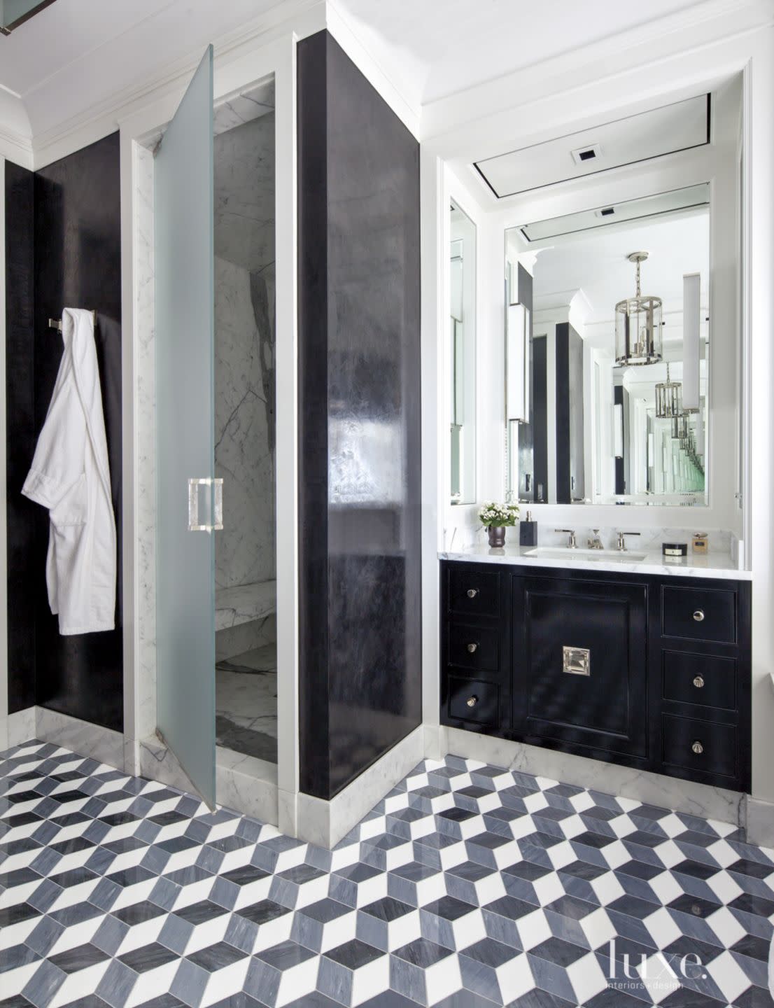 Eclectic White Bathroom with Black Accent Wall | Luxe Interiors + Design