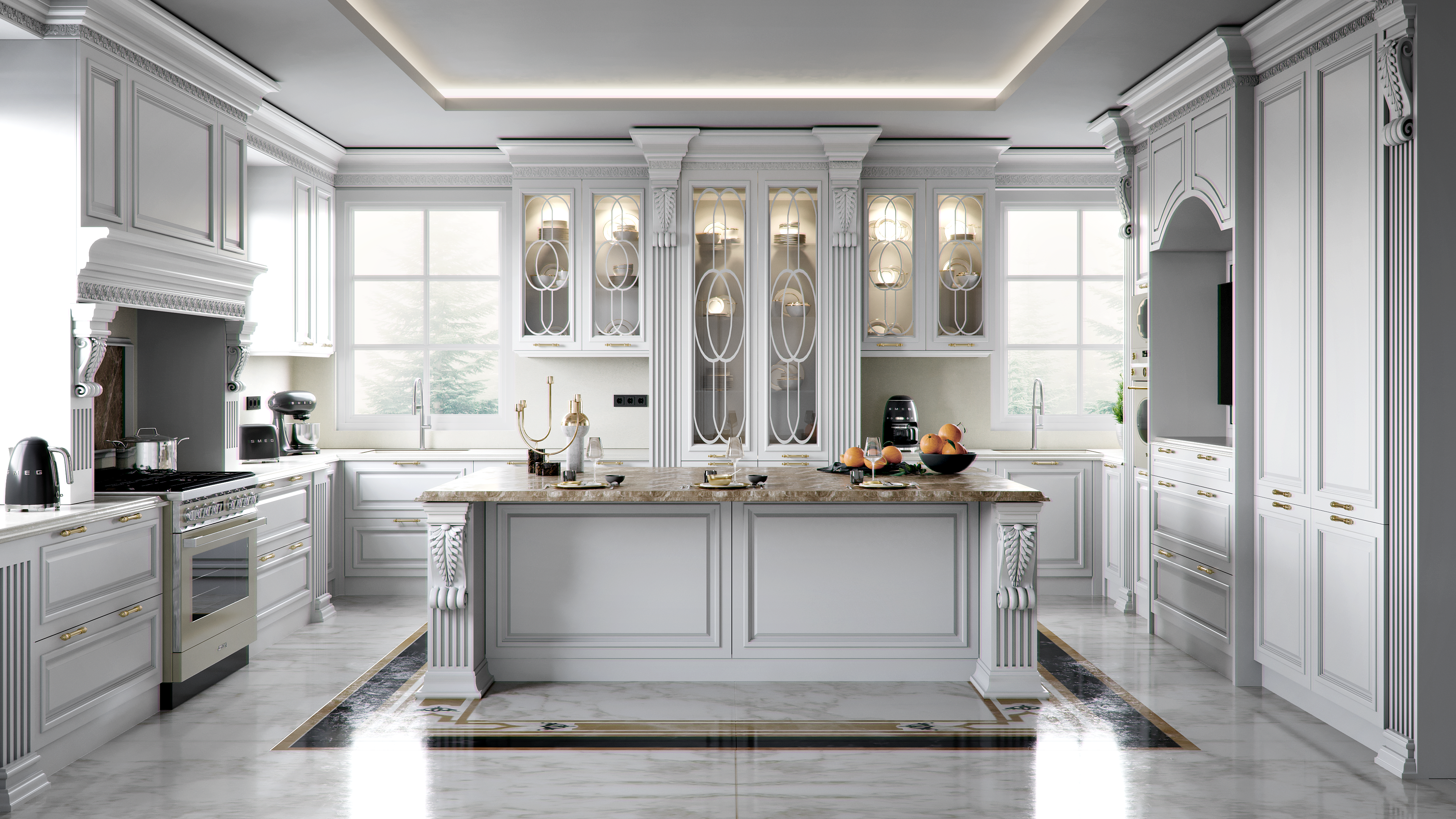 Classic kitchen design with warm accent lighting and intricate millwork. 