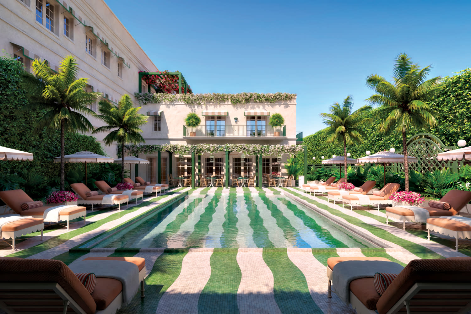 Rectangular pool lined with squiggly green and white mosaic tile