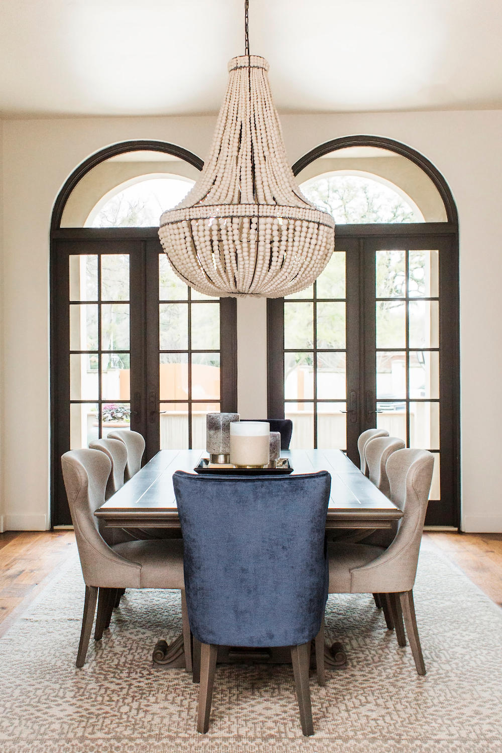 This white-beaded chandelier takes this dining room from beautiful to show-stopping!