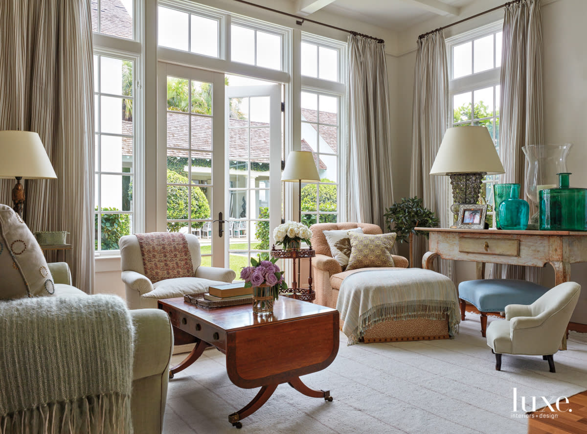 sitting room with custom chaise and two-tiered end table