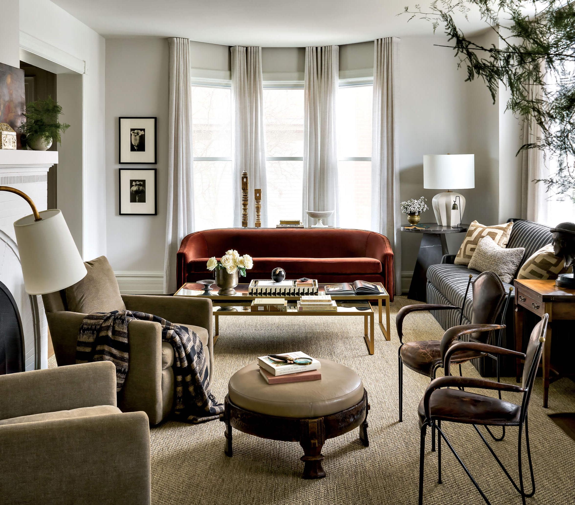 moody living room with red couch 