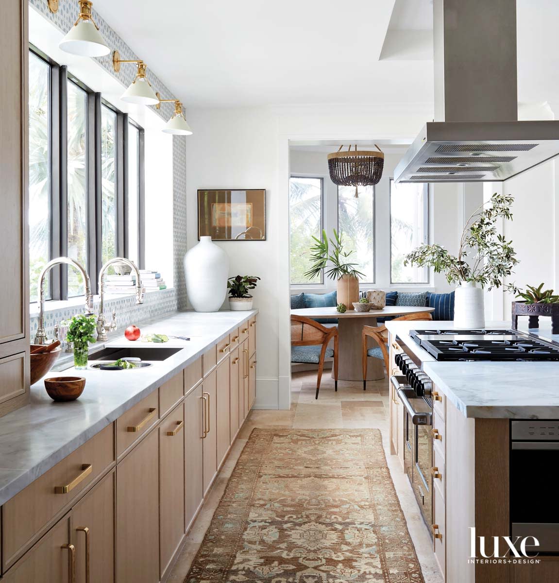 kitchen with blue banquette in breakfast nook