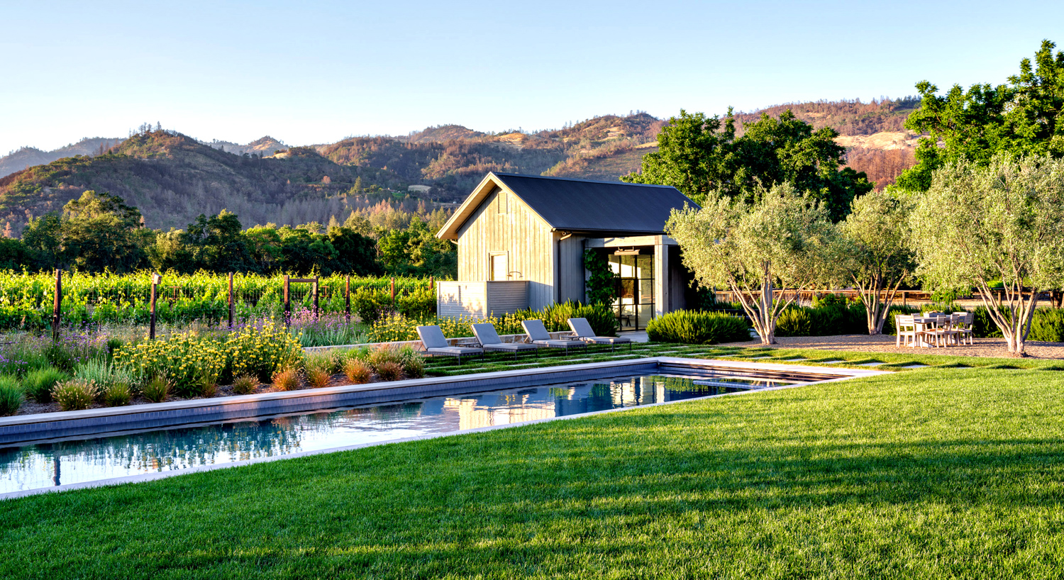 pool among green landscaping with mountains beyond