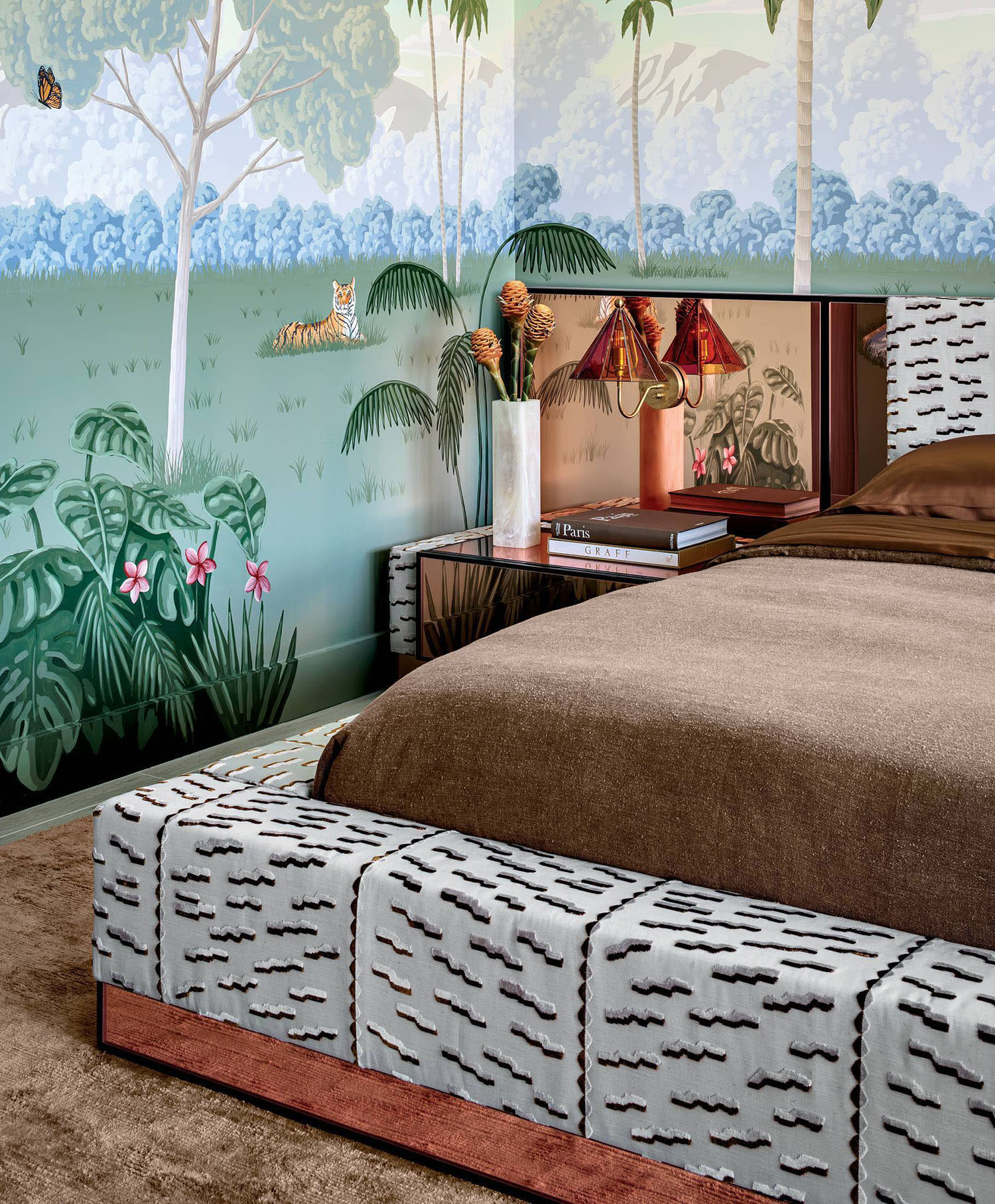 primary bedroom with a Rafael Arana mural and a Lulu LaFortune bed in a Dedar material