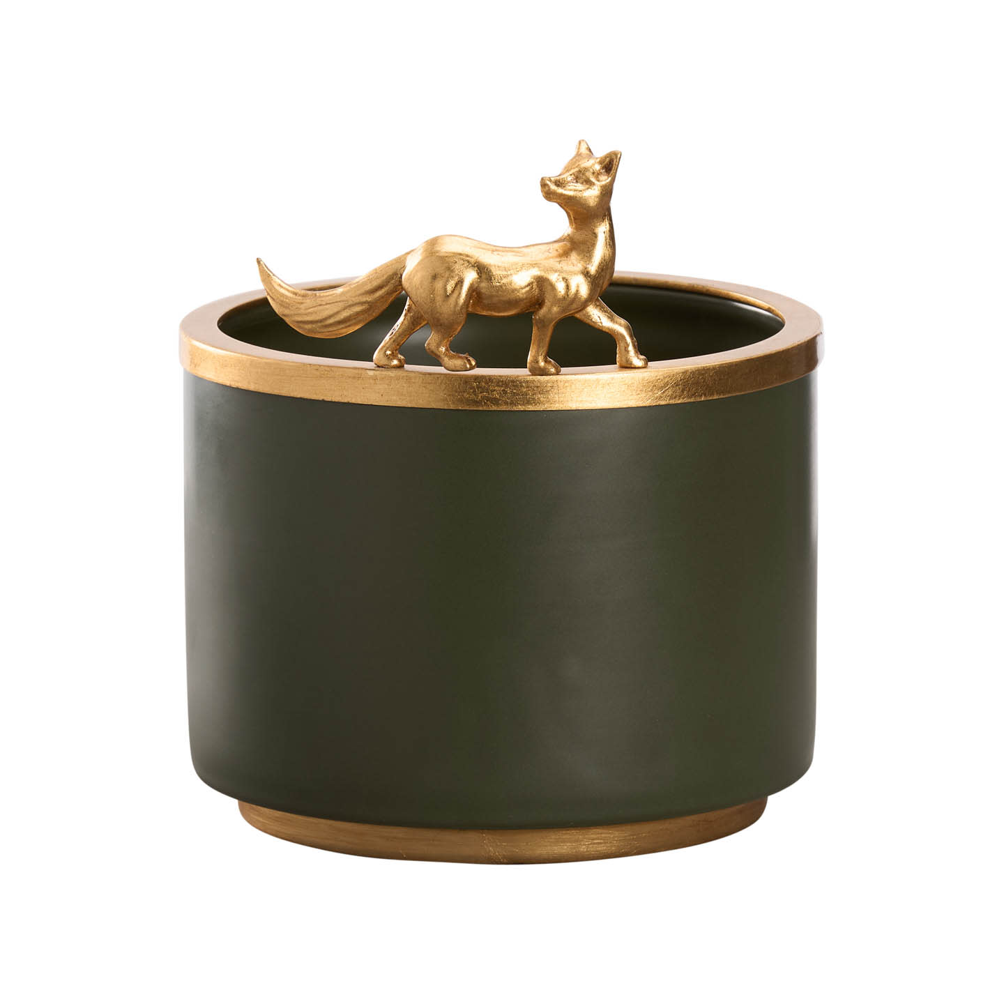 Dark green cylindrical container with gold trim, featuring a decorative gold fox figurine perched on the rim. The tone is elegant and stylish.