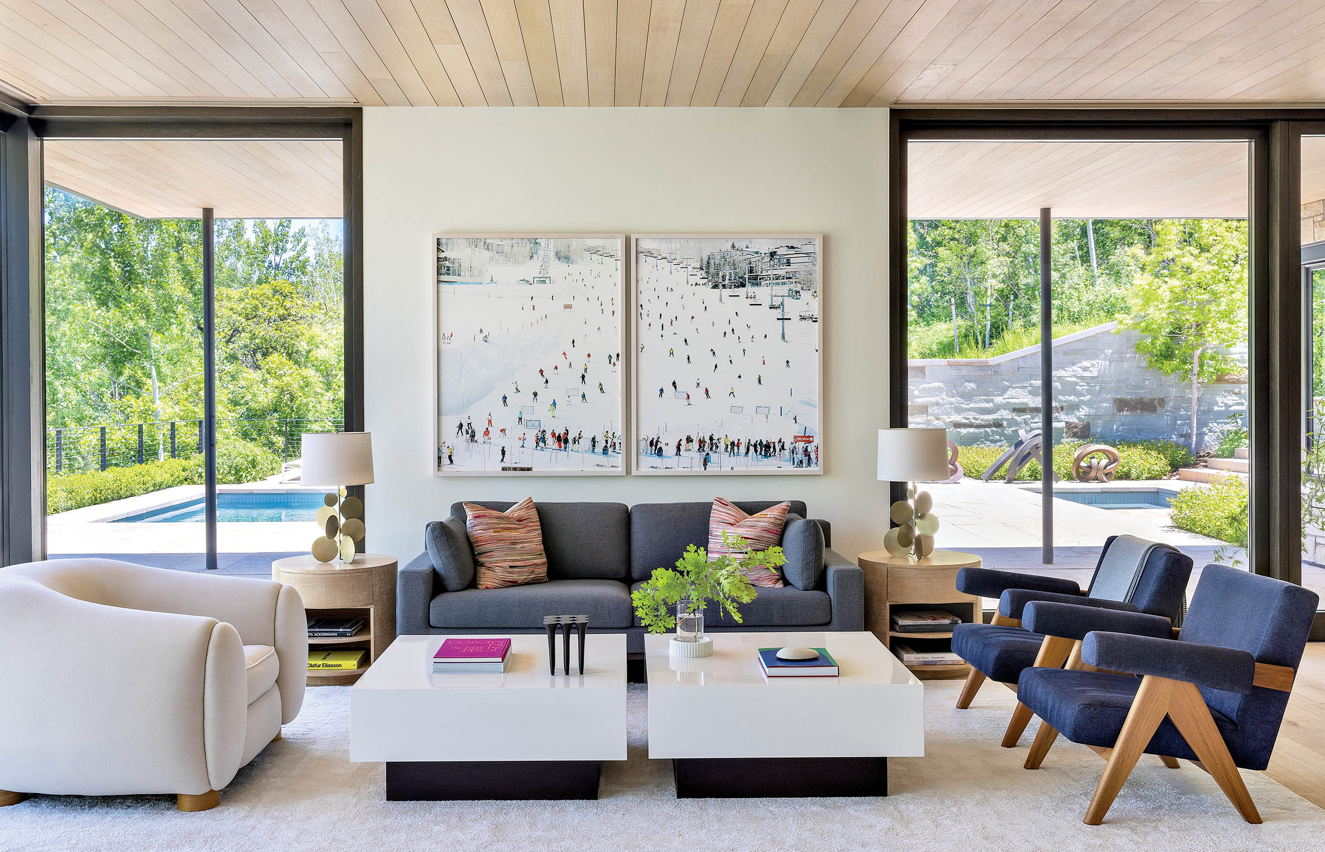 modern mountain living room with blue and white living room