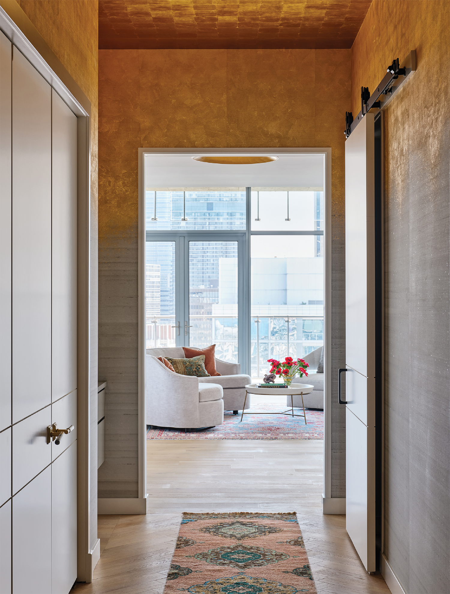 hallway with metallic Phillip Jeffries wallcoverings