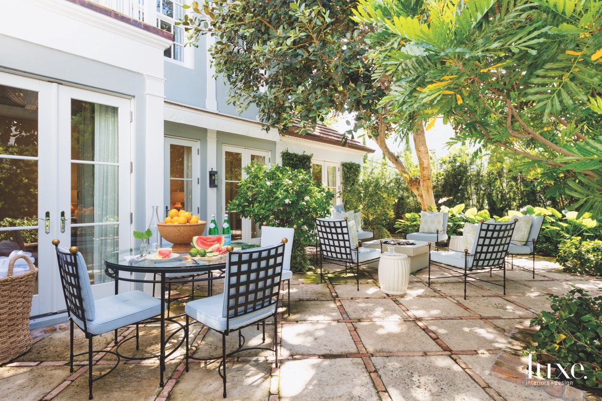 blue outdoor sitting/dining area